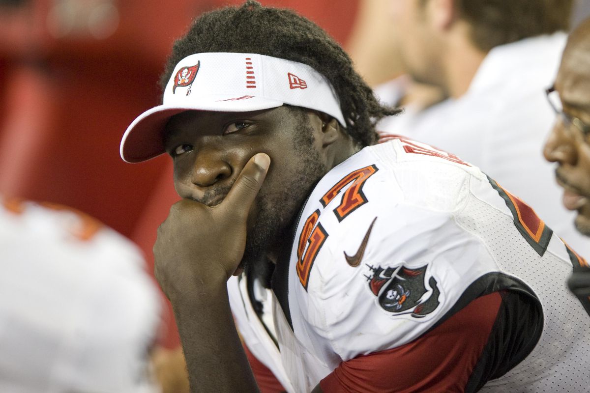 August 17, 2012; Tampa, FL, USA; Tampa Bay Buccaneers running back LeGarrette Blount (27) on the bench after injuring his foot against the Tennessee Titans at Raymond James Stadium.  Mandatory Credit: Jeff Griffith-US PRESSWIRE