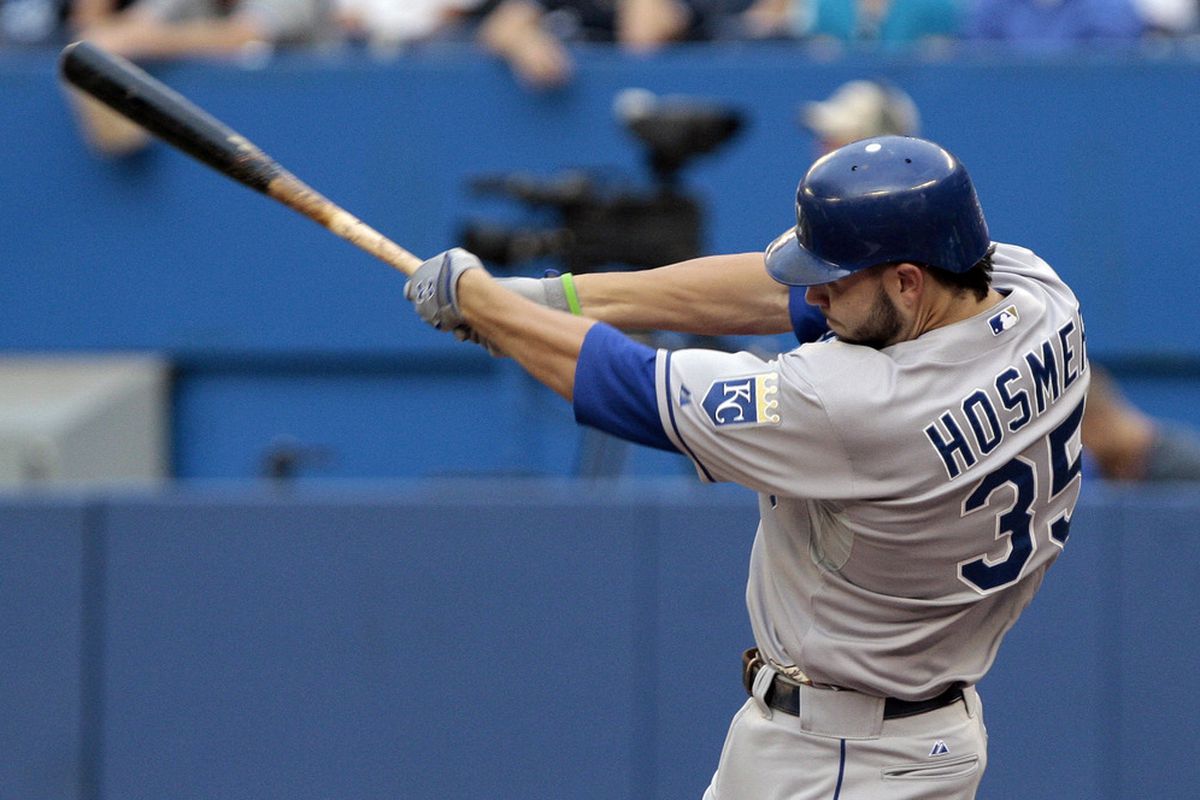 TORONTO, CANADA - AUGUST 23: Eric Hosmer #35 of the Kansas City Royals homers against the Toronto Blue Jays during MLB action at Rogers Centre August 23, 2011 in Toronto, Ontario, Canada. (Photo by Abelimages/Getty Images)