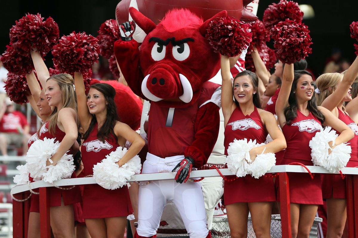 Sep 1, 2012; Fayetteville, AR, USA; Arkansas Razorbacks mascot and cheerleaders perform for the crowd against Jacksonville State. Mandatory Credit: Nelson Chenault-US PRESSWIRE