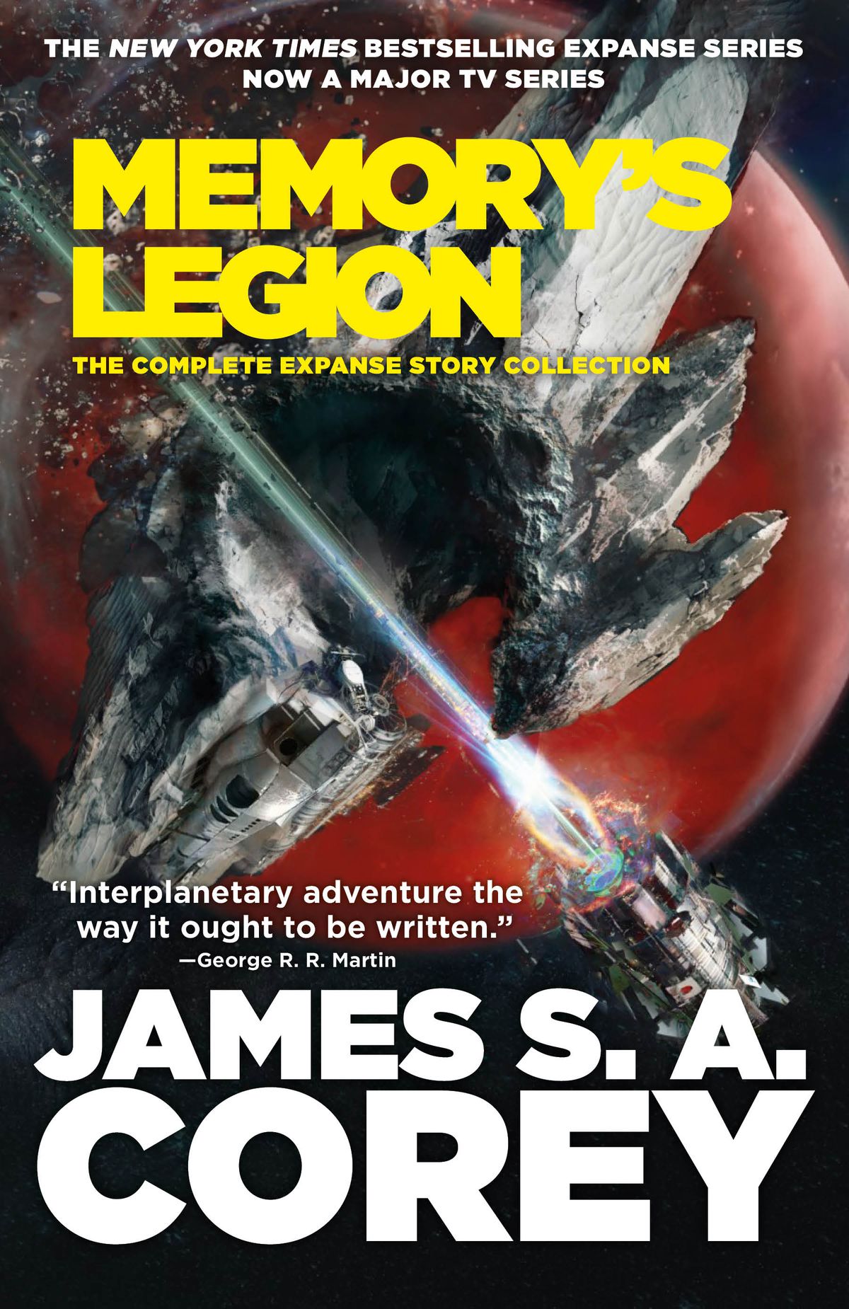 The cover of Memory’s Legion showing a space ship cutting through an asteroid
