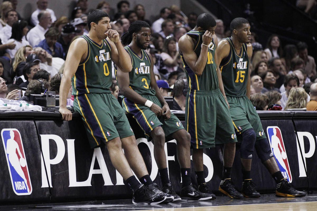 Utah Jazz\'s Enes Kanter (0), DeMarre Carroll (3), Alec Burks (10) and Derrick Favors (15) wait on the sideline during a timeout in the fourth quarter of Game 2 of a first-round NBA basketball playoff series against the San Antonio Spurs, Wednesday, May 2