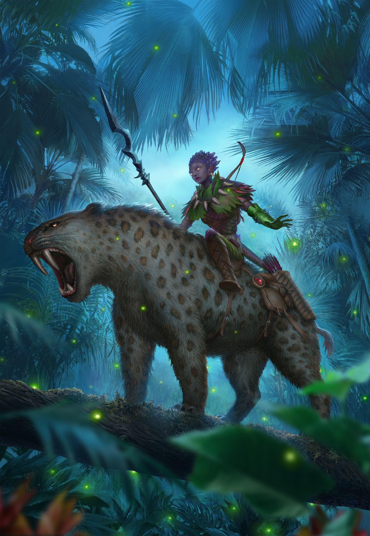 A beast rider with a staff and a bow atop a large leopard-like creature with huge fangs.