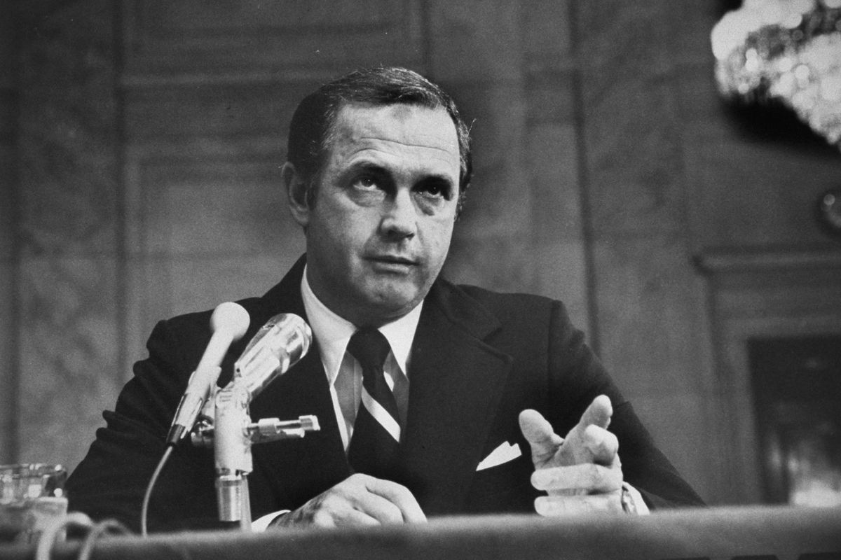 White House aide Alexander Butterfield testifying during the Senate Watergate hearings.