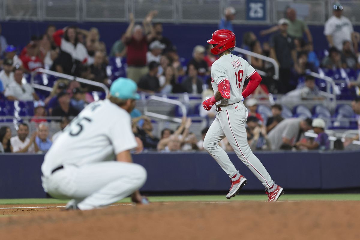 Cristian Pache of the Philadelphia Phillies circles the bases after hitting a two-run home run against the Miami Marlins during the ninth inning at loanDepot park on July 7, 2023 in Miami, Florida.