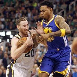 Utah Jazz forward Gordon Hayward (20) drives toward the rim in the first half of an NBA regular season game against the Golden State Warriors at the Vivint Arena in Salt Lake City, Wednesday, March 30, 2016.