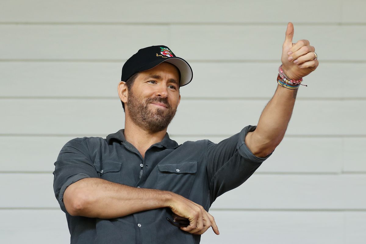 Ryan Reynolds, Owner of Wrexham gives a thumbs up prior to the Vanarama National League Play-Off Semi Final match between Wrexham and Grimsby Town at Racecourse Ground on May 28, 2022 in Wrexham, Wales.