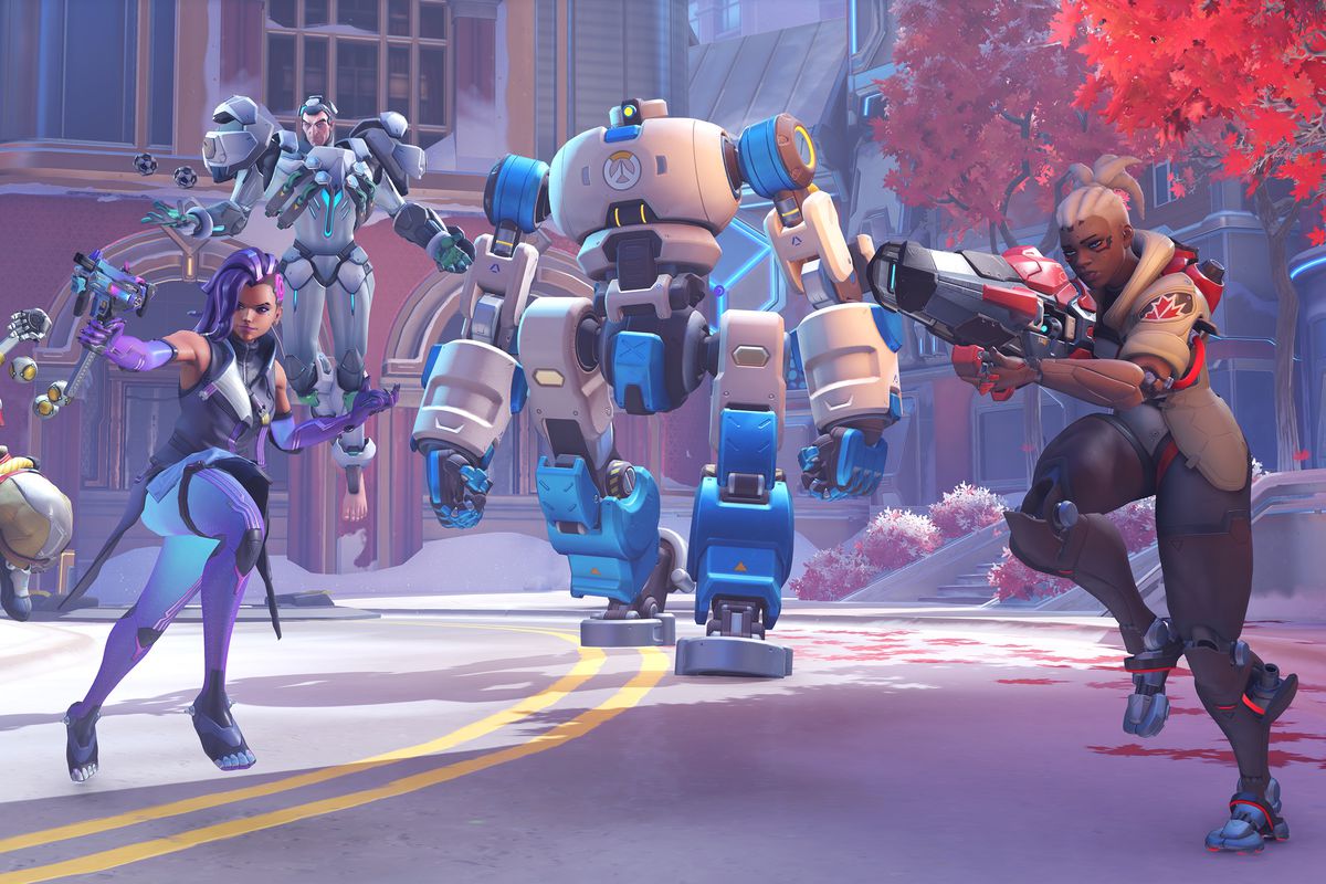 Zenyatta, Sombra, Sigma and Sojourn guide a robot in a screenshot from Overwatch 2