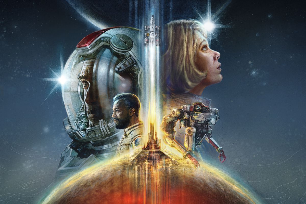key art for Starfield, with a spaceship blasting off from a launchpad in the center, flanked by a man’s face in a spacesuit helmet, a large robot mech, and a blond woman looking upward