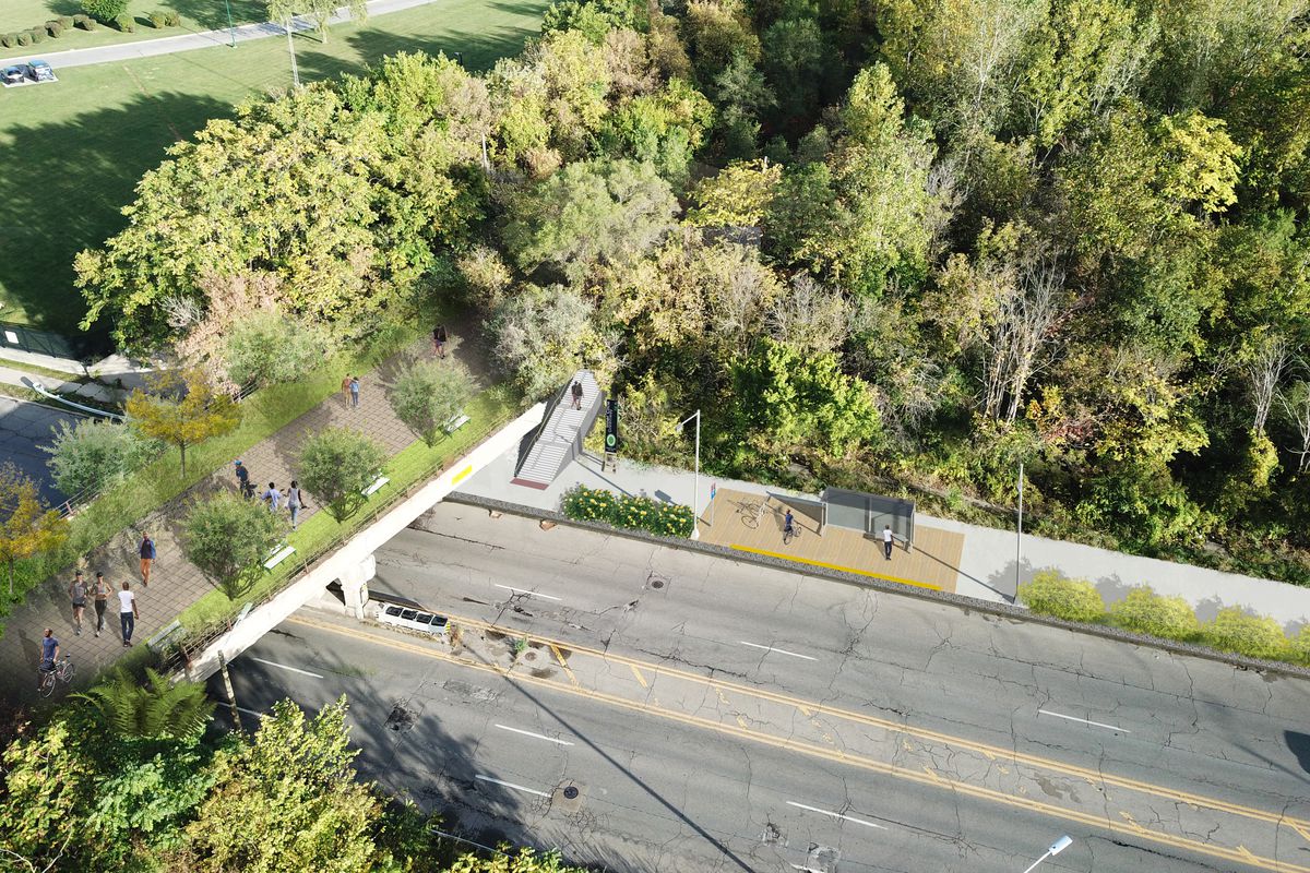 Rendering of a pedestrian pathway lined with trees that crosses over a highway.