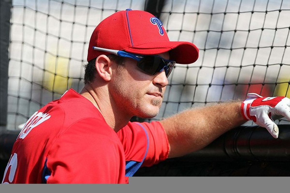 March 3, 2012; Clearwater, FL, USA;  Philadelphia Phillies second baseman Chase Utley (26) before the spring training game against the New York Yankees at Bright House Networks Field.  Mandatory Credit: Kim Klement-US PRESSWIRE