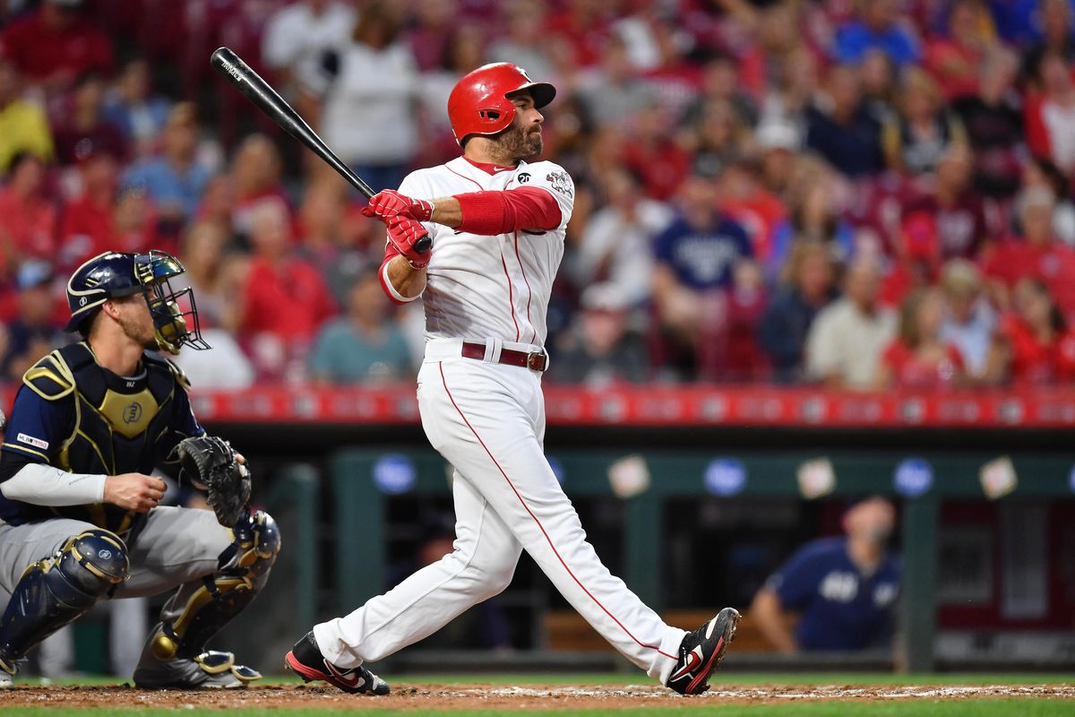 Joey Votto #19 of the Cincinnati Reds bats against the Milwaukee Brewers at Great American Ball Park on September 24, 2019 in Cincinnati, Ohio.