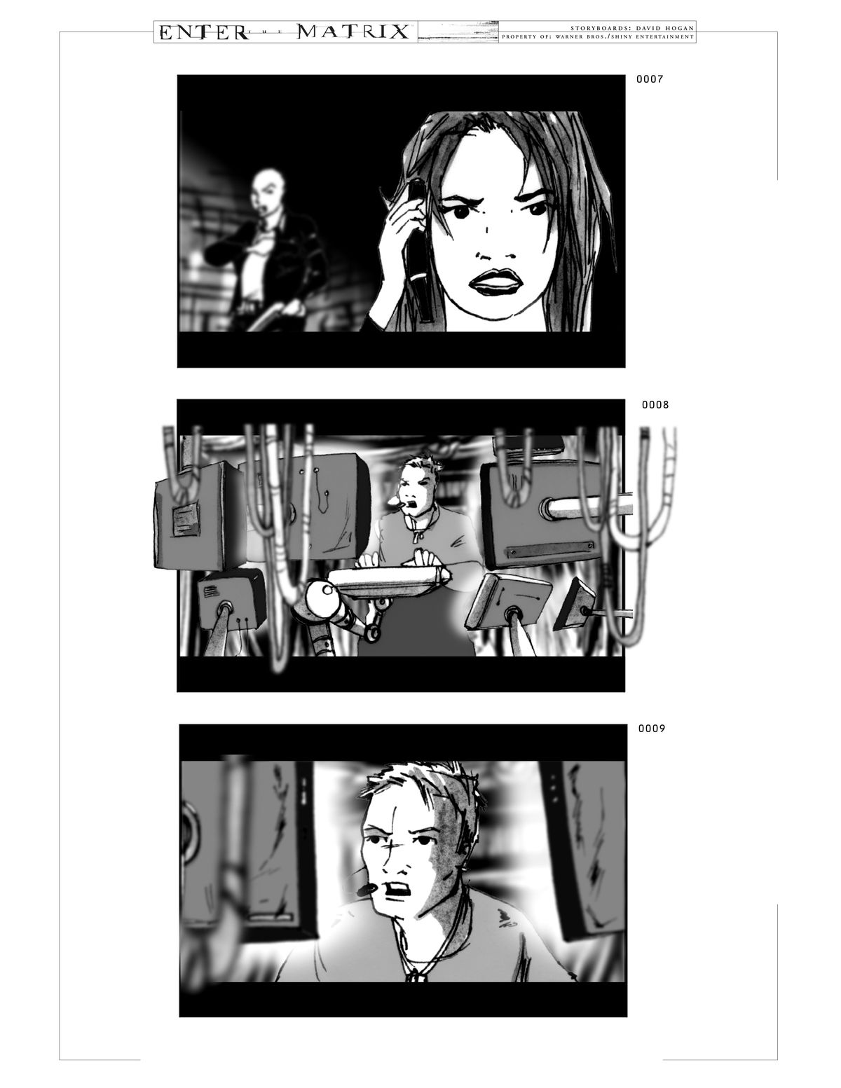 In a trio of storyboard drawings, characters from Enter the Matrix communicate about an escape plan over the phone