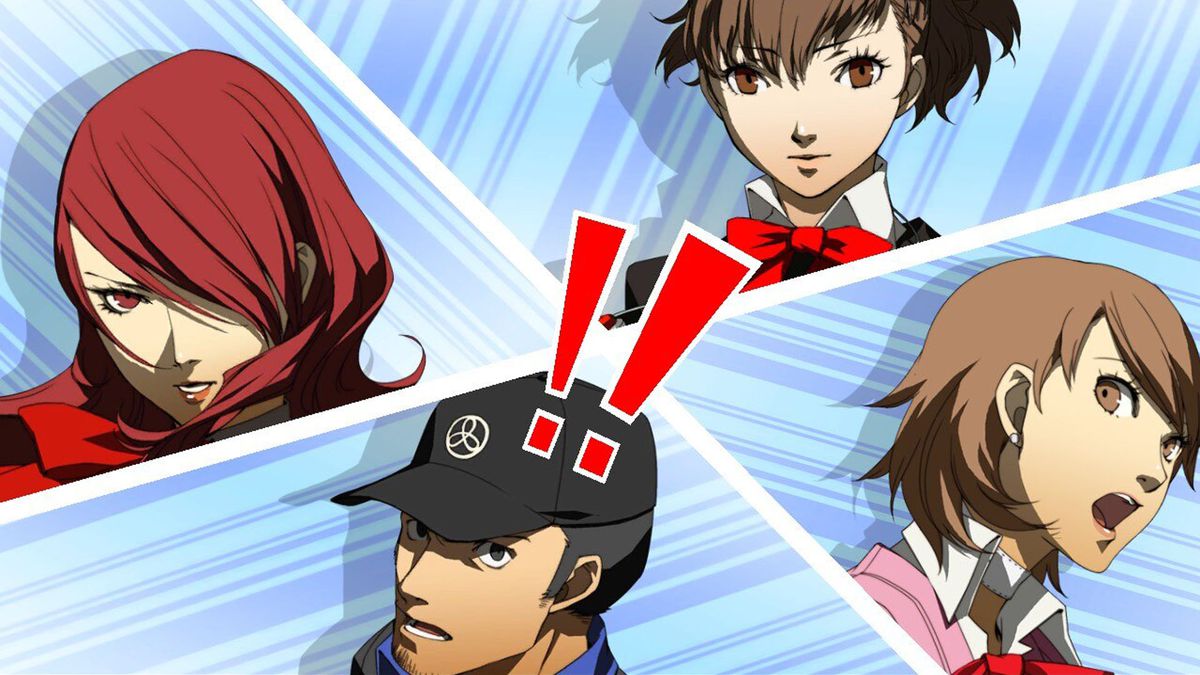 An all-out attack in Persona 3, triggering the portraits of Mitsuru, the main female protagonist, Yukari, and Junpei, with large exclamation points in the center.