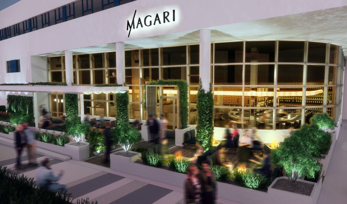 A rendering for a patio and lit-up restaurant, shown at night with interior lights going and lots of greenery.