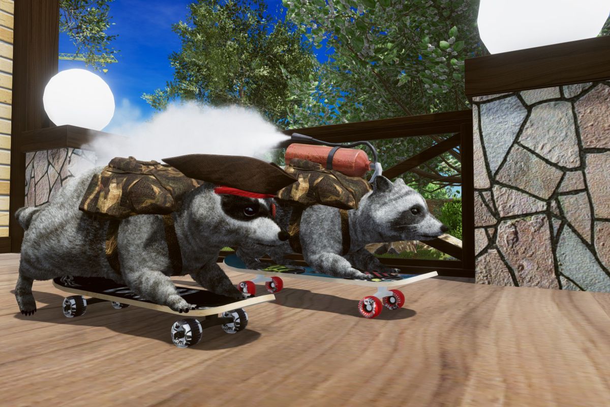 Two raccoons get ready to ride some skateboards, one with a fire extinguisher on its back.