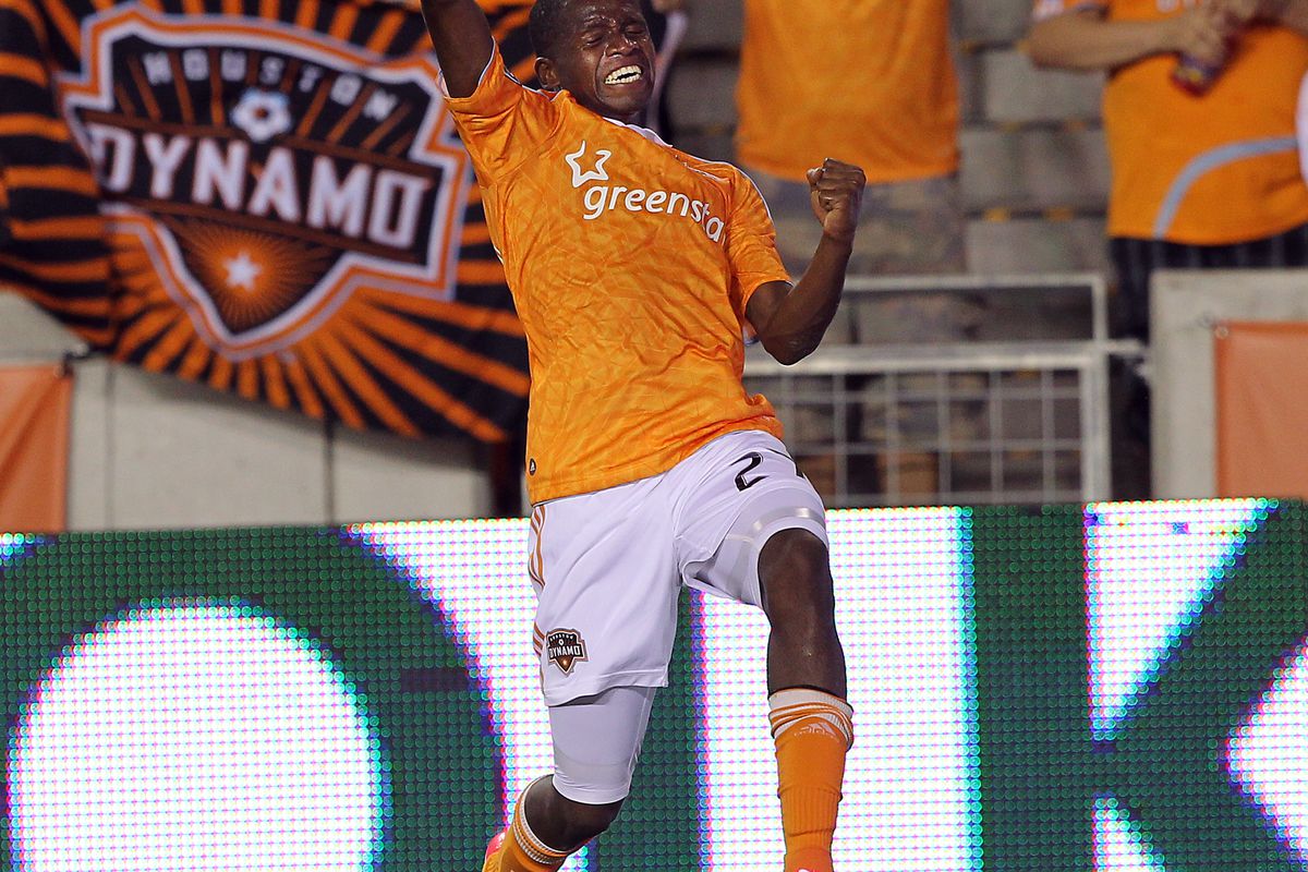 HOUSTON, TX - JULY 15: Boniek Garcia #27 of the Houston Dynamo celebrates his goal off of a header  in the second half against D.C. United at BBVA Compass Stadium on July 15, 2012 in Houston, Texas. Houston won 4-0. (Photo by Bob Levey/Getty Images)