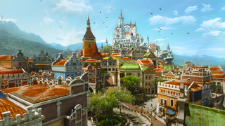 Pandangan udara dari Duchy of Toussaint dalam DLC Darah dan Angin di The Witcher 3: Wild Hunt pada Xbox Series X