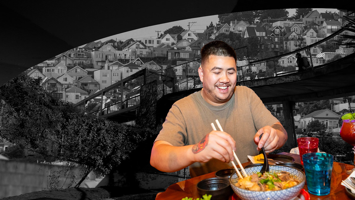 Collage of Potrero Hill photos in black and white, plus a color image of Bodega SF’s Matt Ho as he serves soup