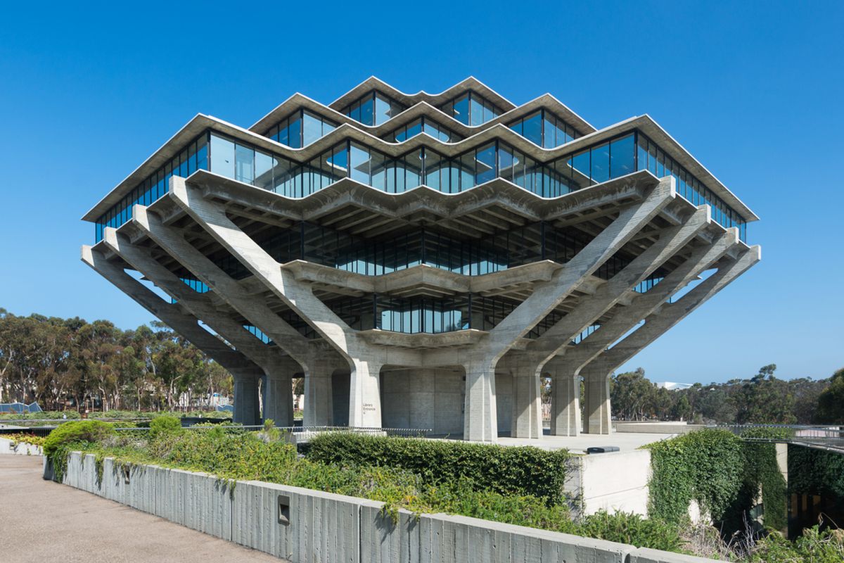 Concrete-and-glass structure resembling an angular spaceship.