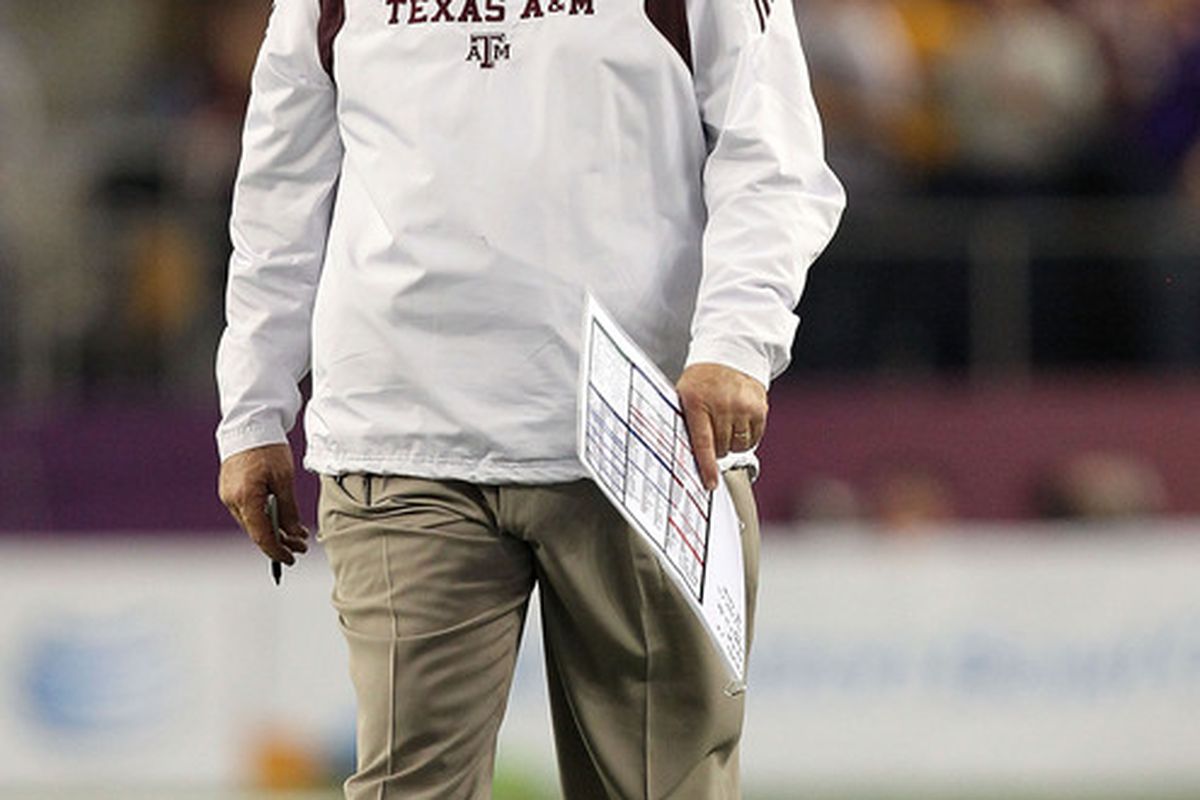 ARLINGTON TX - JANUARY 07:  Head coach Mike Sherman of the Texas A&M Aggies during the AT&T Cotton Bowl at Cowboys Stadium on January 7 2011 in Arlington Texas.  (Photo by Ronald Martinez/Getty Images)