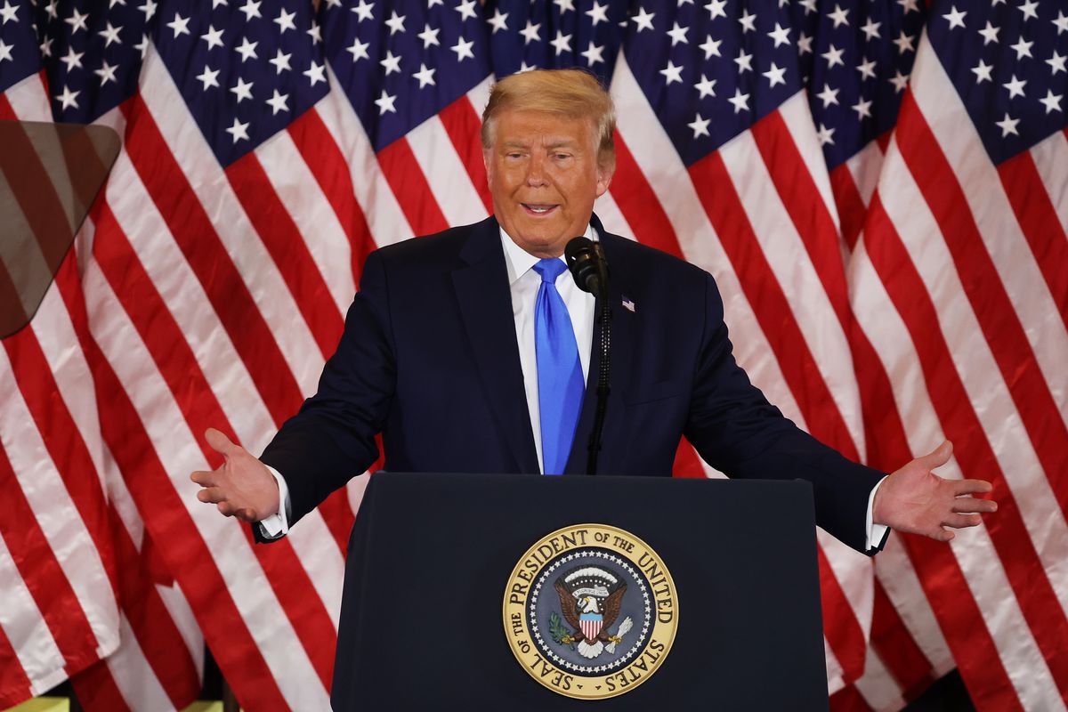 President Donald Trump speaks on election night in the East Room of the White House in the early morning hours of November 04, 2020 in Washington, DC. 
