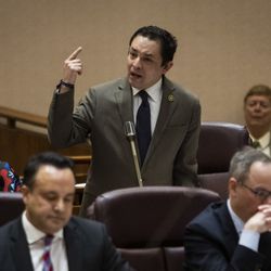 Ald. Raymond Lopez (15th) speaks during the monthly Chicago City Council meeting, where aldermen were scheduled to vote on attempt by the Black Caucus to delay sales of recreational marijuana in Chicago for six months to give African American and Hispanic people a chance to get a piece of the action, at City Hall, Wednesday, Dec. 18, 2019.