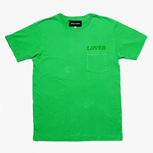 Green T-shirt with dark green lettering reading “lover”.