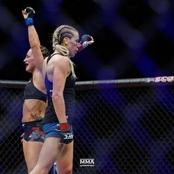 Jessica Eye and Katlyn Chookagian after their UFC 231 fight.