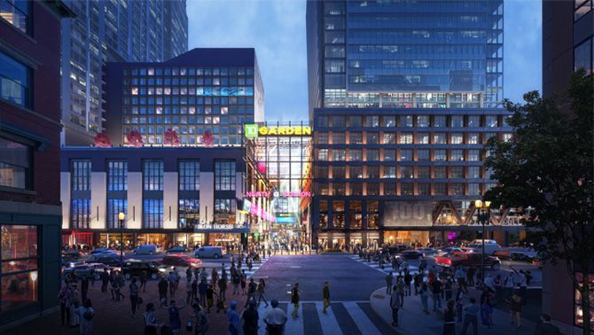 A rendering shows the Hub on Causeway development at TD Garden, including an atrium-like space between two buildings