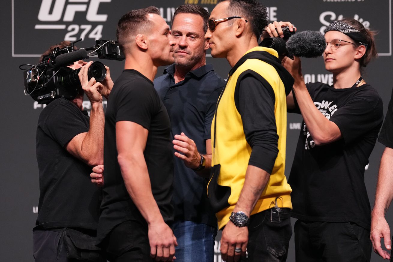 Michael Chandler and Tony Ferguson at the press conference for UFC 274. 