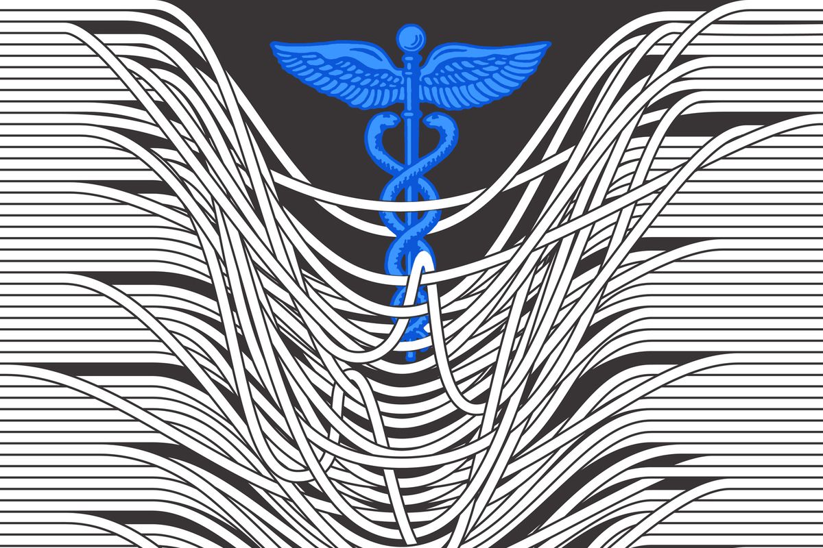 The caduceus — a staff with two snakes coiled around it and wings at the top, the symbol of medicine — is entangled in fraying strings.