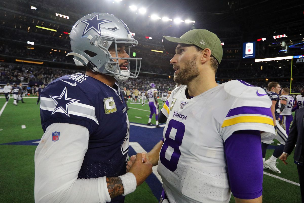 Dak Prescott #4 of the Dallas Cowboys shakes hands with Kirk Cousins #8 of the Minnesota Vikings after the game at AT&amp;T Stadium on November 10, 2019 in Arlington, Texas.
