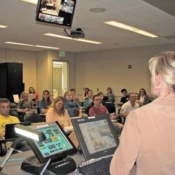 Students attend a USU course in person and via interactive videotechnology. USU operates 230 video-equipped classrooms at 64 locations across Utah.