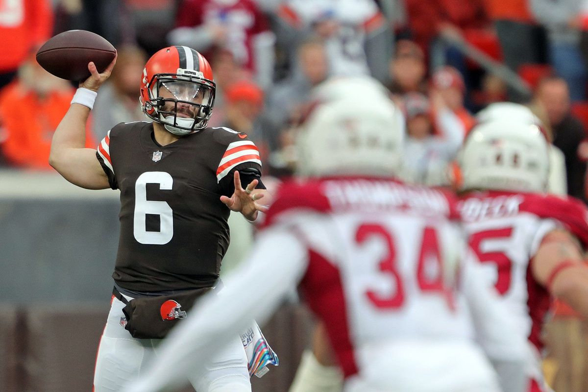 Cleveland Browns quarterback Baker Mayfield (6) looks to make a pass during the first half of an NFL football game against the Arizona Cardinals at FirstEnergy Stadium, Sunday, Oct. 17, 2021, in Cleveland, Ohio.