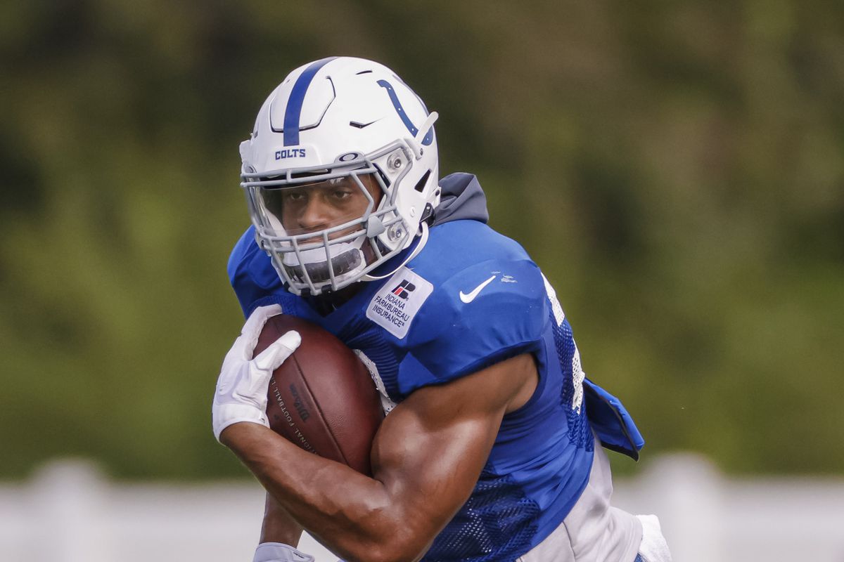 Jonathan Taylor of the Indianapolis Colts is seen during training camp at Indiana Farm Bureau Football Center on August 28, 2020 in Indianapolis, Indiana.