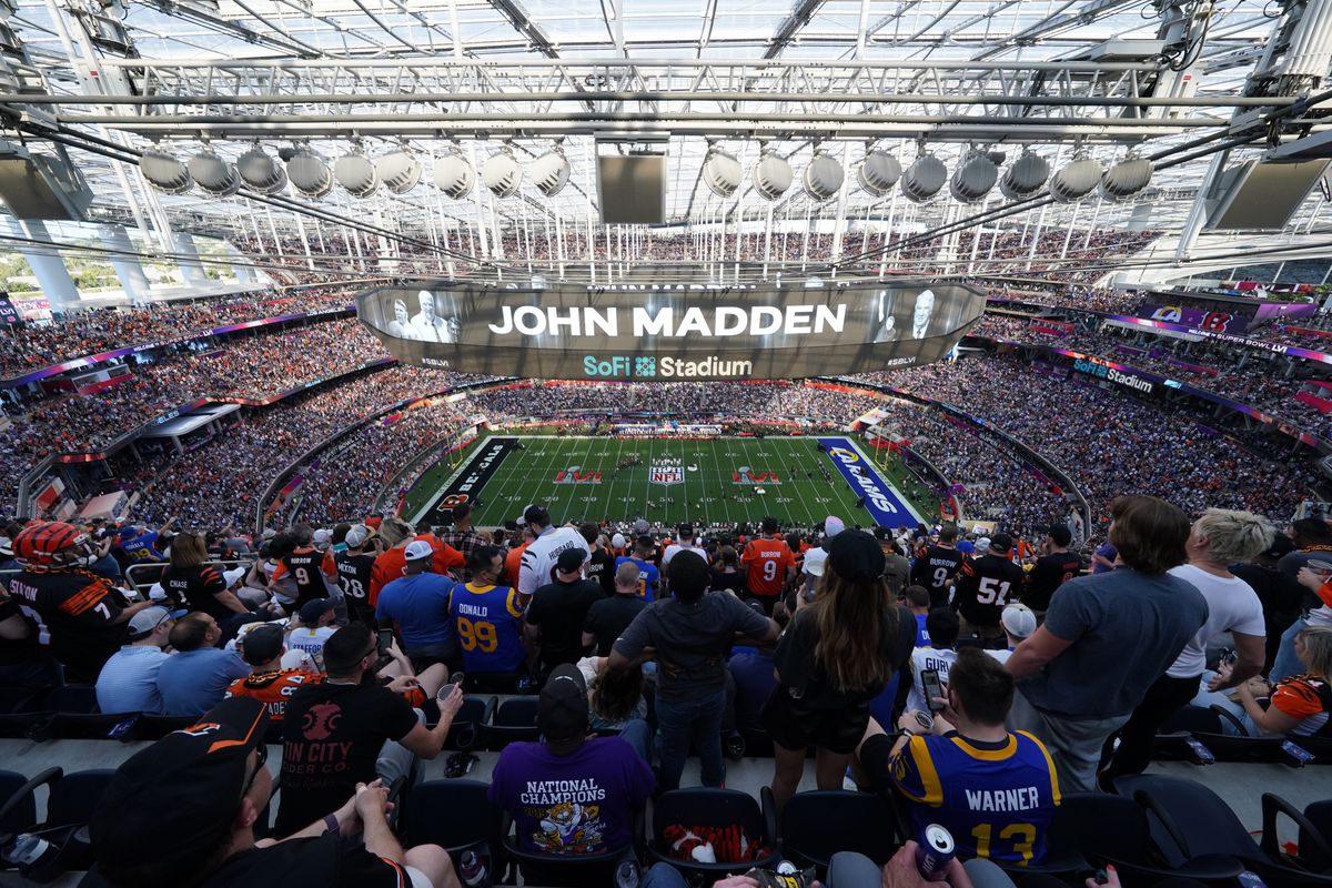 Fans look on as the NFL honors the late John Madden prior to the NFL Super Bowl LVI football game at SoFi Stadium on February 13, 2022 in Inglewood, California.