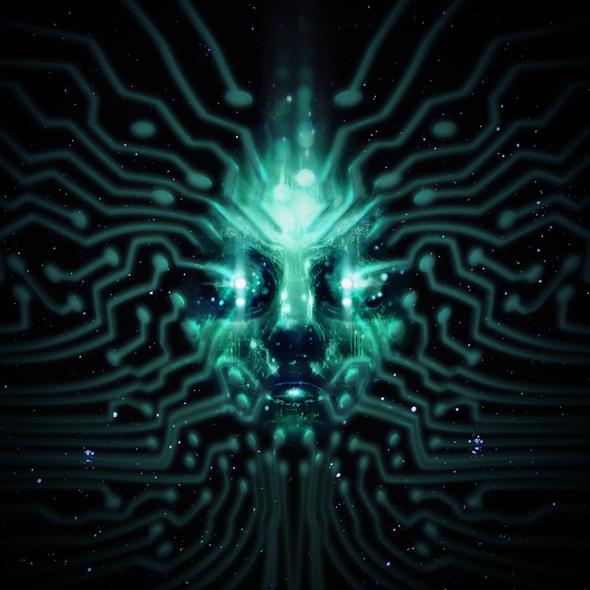 SHODAN, the evil AI in the System Shock remake, displayed as a series of digital pathways across an entire image