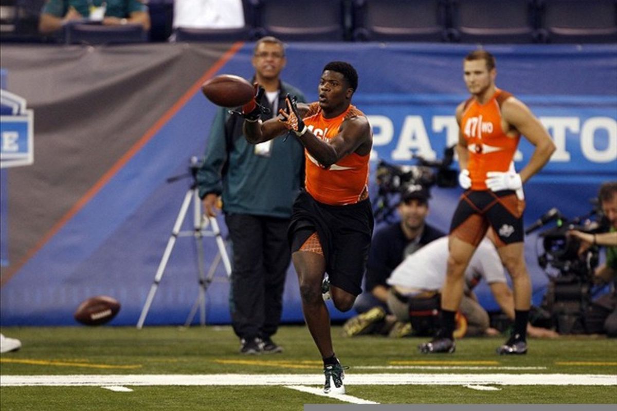 Feb 26, 2012; Indianapolis, IN, USA; Baylor Bears wide receiver Kendall Wright participates in a catch and run drill during the NFL Combine at Lucas Oil Stadium. Mandatory Credit: Brian Spurlock-US PRESSWIRE