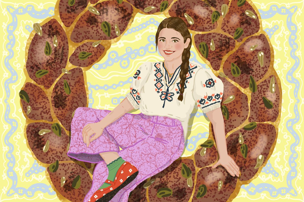 A smiling Olia Hercules sits on a giant kolach. Illustration.