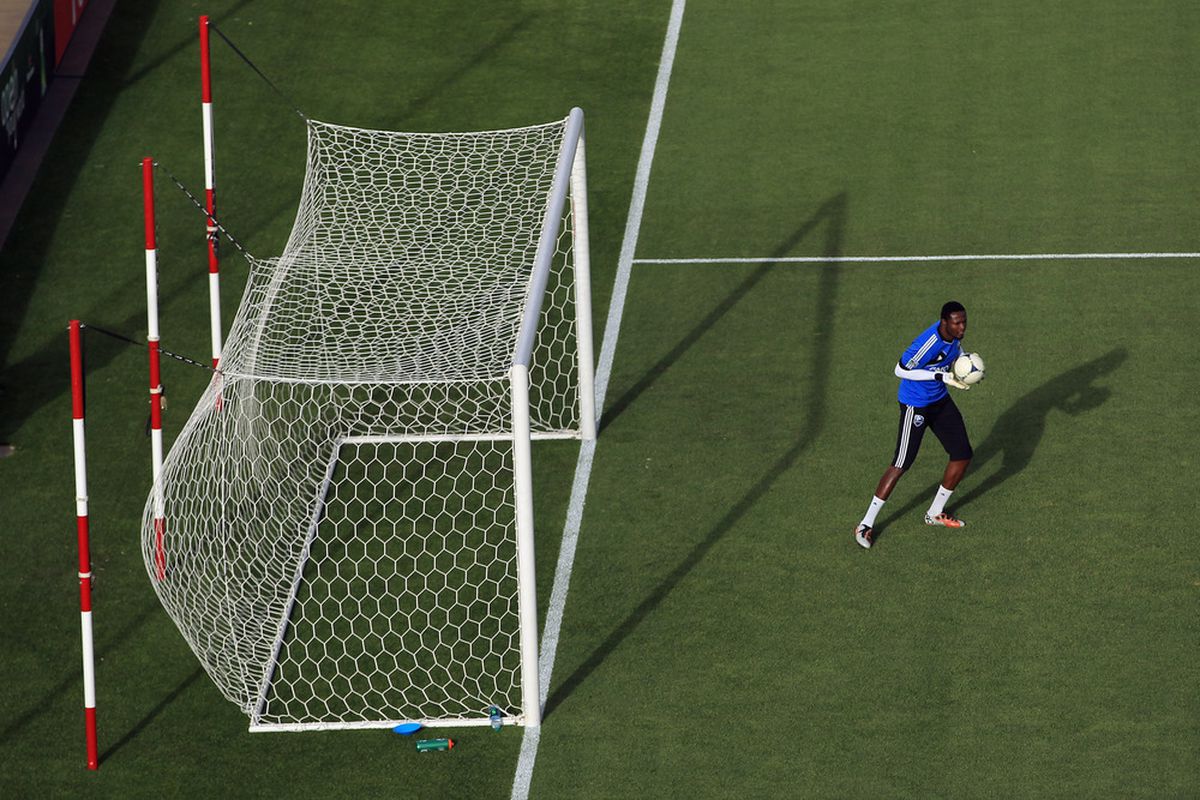 COMMERCE CITY, CO - MAY 26:  Goalkeeper Donovan Ricketts #1 of the Montreal Impact warms up prior to facing the Colorado Rapids at Dick's Sporting Goods Park on May 26, 2012 in Commerce City, Colorado.  (Photo by Doug Pensinger/Getty Images)