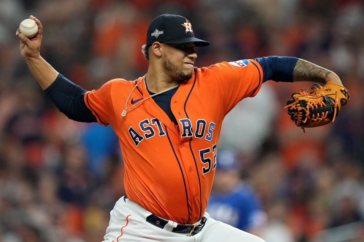 Bryan Abreu of the Houston Astros pitches during Game 6 of the ALCS between the Texas Rangers and the Houston Astros at Minute Maid Park on Sunday, October 22, 2023 in Houston, Texas.