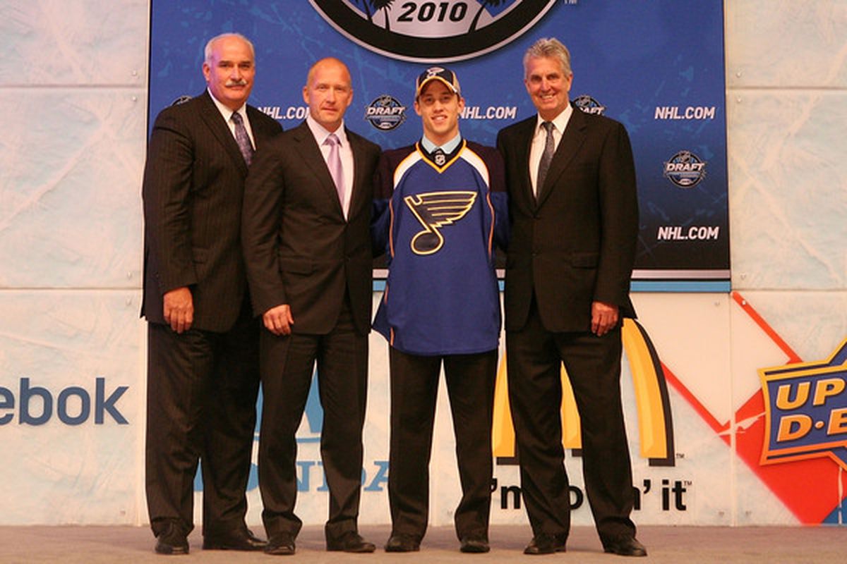Two of these four people will hopefully be active in the Blues organization for years to come. (Photo by Bruce Bennett/Getty Images)