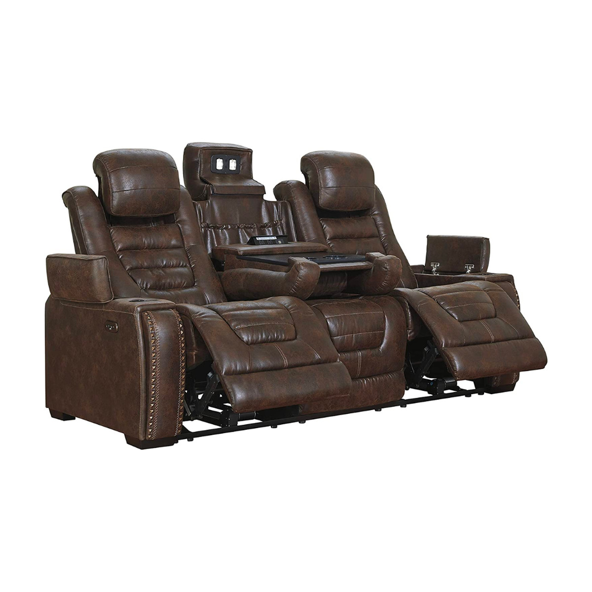 Signature Design by Ashley Reclining Sofa in brown with featured console and storage