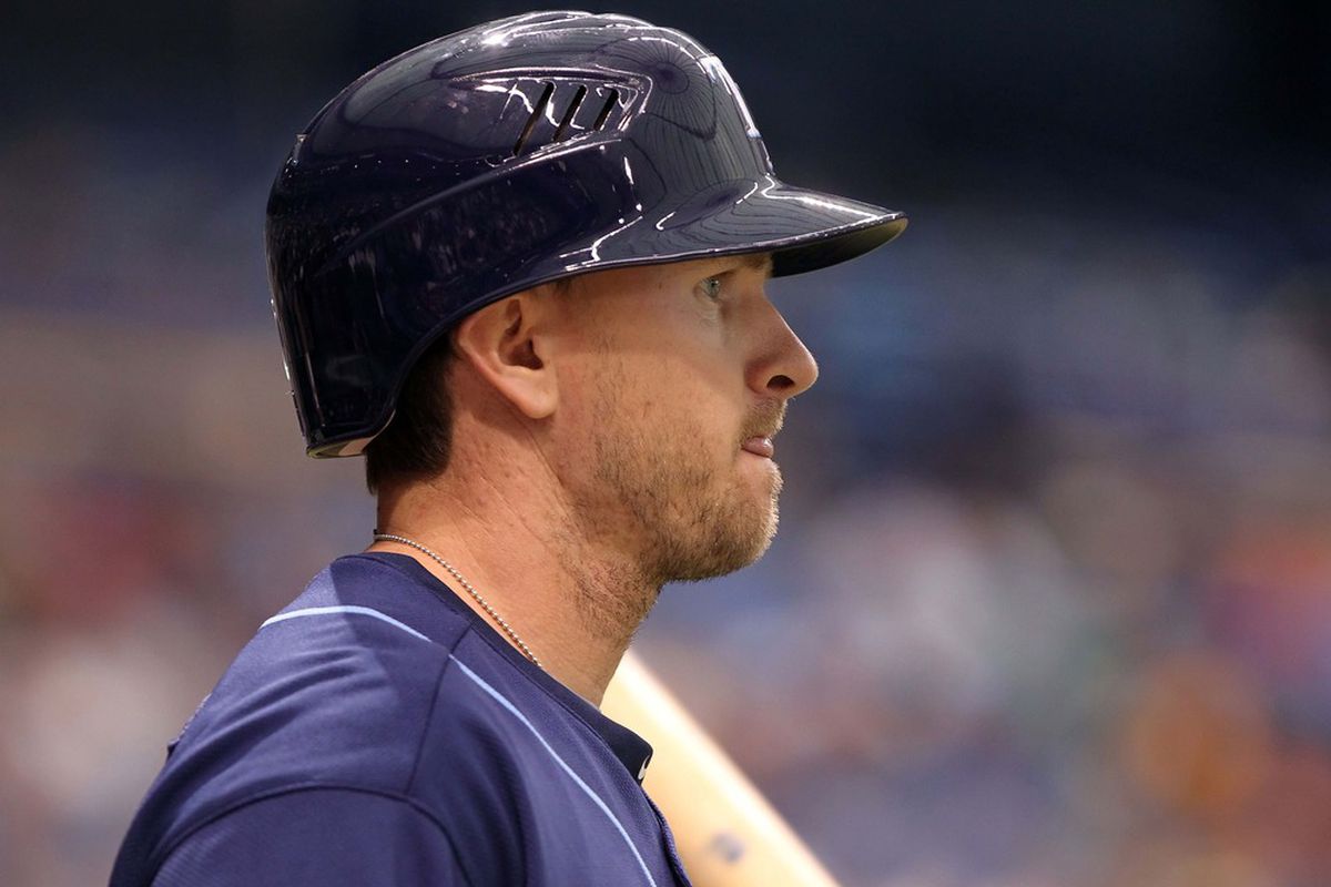 May 23, 2012; St. Petersburg, FL, USA; Tampa Bay Rays second baseman Drew Sutton (44) on deck to bat against the Toronto Blue Jays at Tropicana Field. Mandatory Credit: Kim Klement-US PRESSWIRE