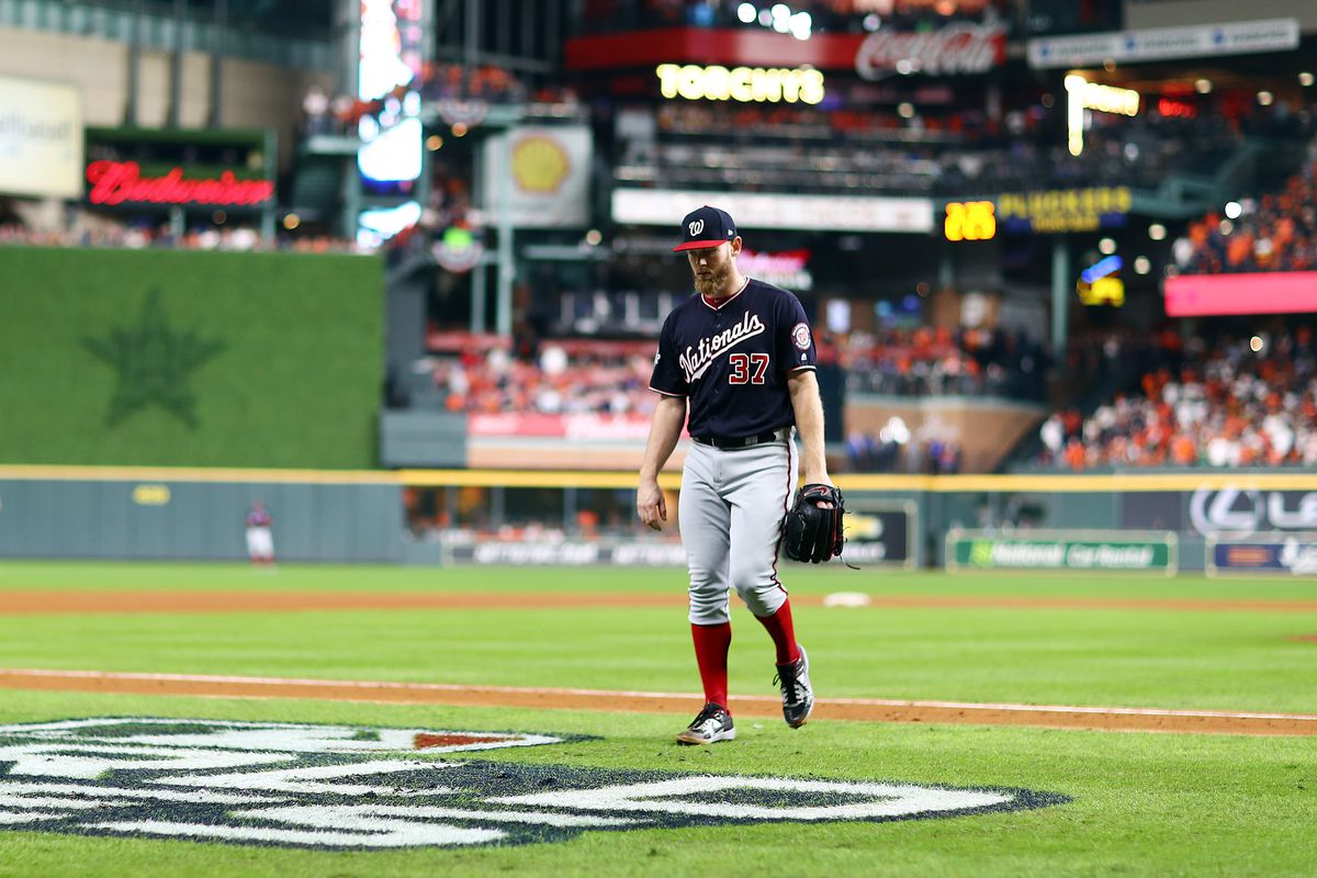 Stephen Strasburg of the Washington Nationals is taken out of the game against the Houston Astros during the ninth inning in Game Six of the 2019 World Series at Minute Maid Park on October 29, 2019 in Houston, Texas.