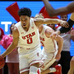 Utah Utes guard Sedrick Barefield (0) drives during the first half against the Stanford Cardinal at the Huntsman Center in Salt Lake City on Thursday, Feb. 8, 2018.