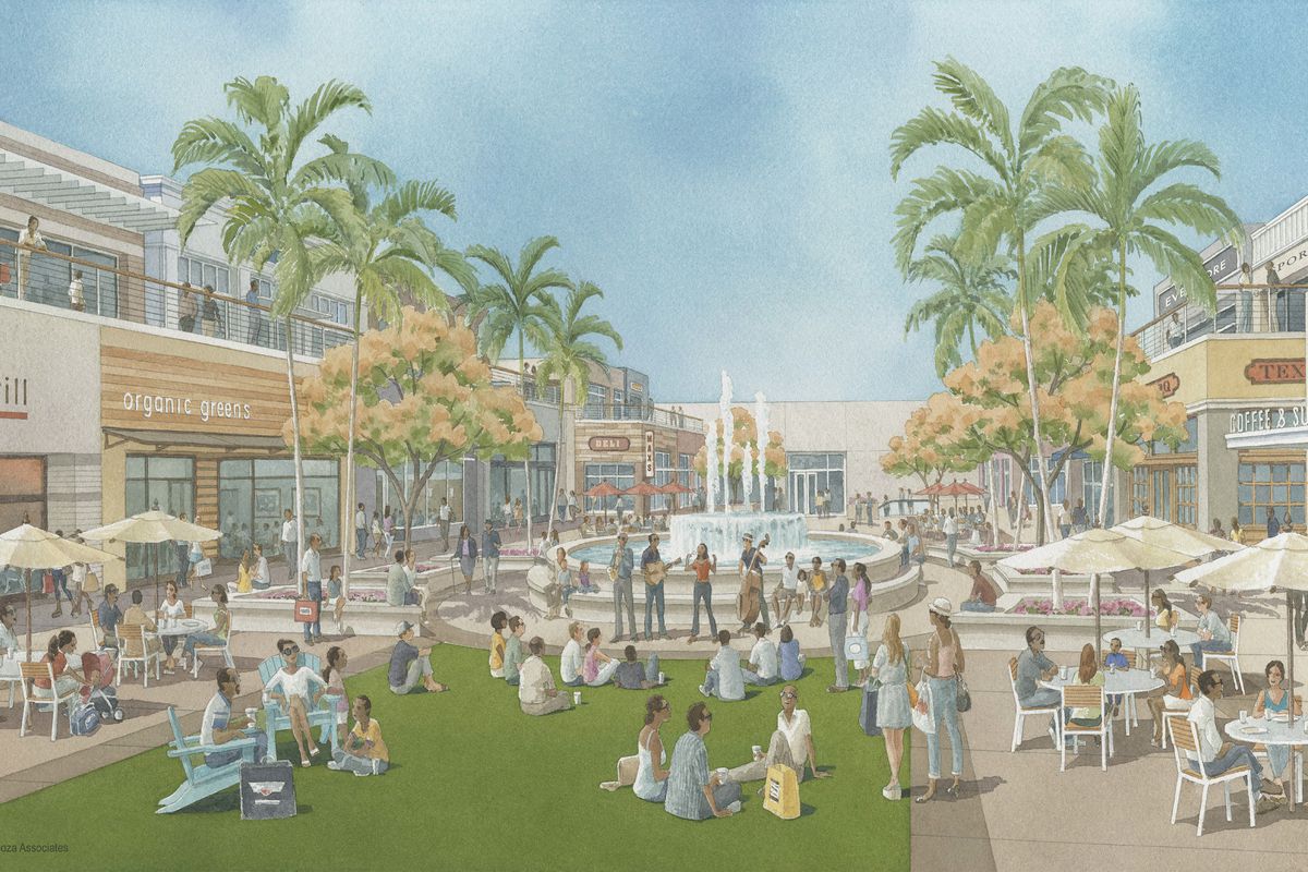 Pastel illustration of people mingling ad eating outdoors at tables under umbrellas in a landscaped plaza with a large fountain in the center. They’re surrounded on two sides by two-story buildings filled with shops and restaurants.
