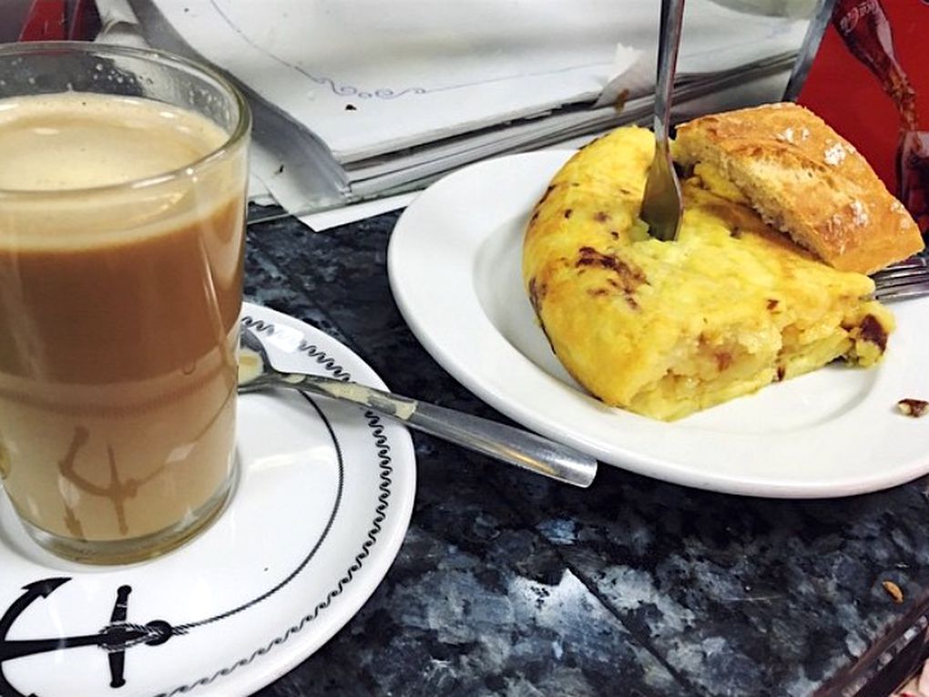 A dark textured counter beneath two small white plates, one containing a triangular pie-like slice of tortilla de patatas, the other with a small foaming cup of café con leche.