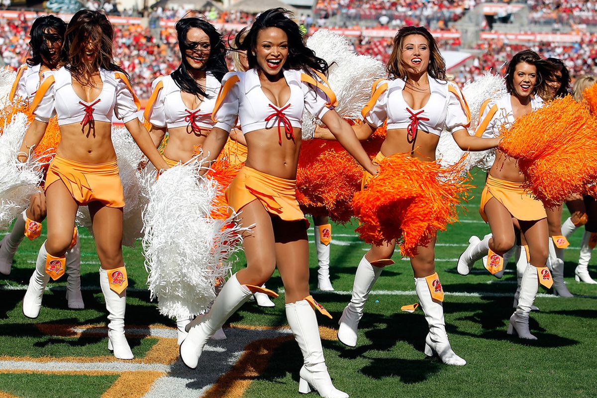 TAMPA, FL - DECEMBER 04:  Cheerleaders of the Tampa Bay Buccaneers perform during the game against the Carolina Panthers at Raymond James Stadium on December 4, 2011 in Tampa, Florida.  (Photo by J. Meric/Getty Images)