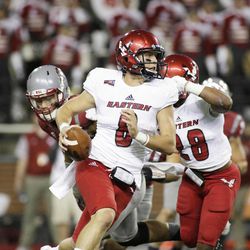 Eastern Washington quarterback Gage Gubrud looks for a target during game against Washington State in Pullman, Wash., Saturday, Sept. 3, 2016. Under Troy Taylor's tutelage at Eastern Washington, Gubrud, a walk-on quarterback, threw for 5,160 yards and 48 touchdowns en route to a 12-2 record.